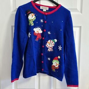 Vintage Christmas Sweater Tiara International Cardigan Snowman X-Large Blue